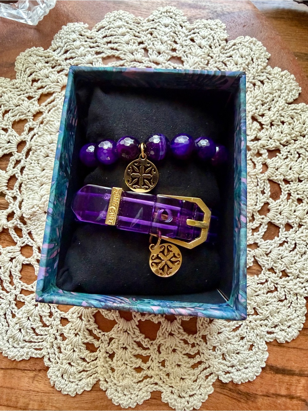 Rustic Cuff Purple Acrylic Link and Faceted Bead Bracelet Set with Gold Accents